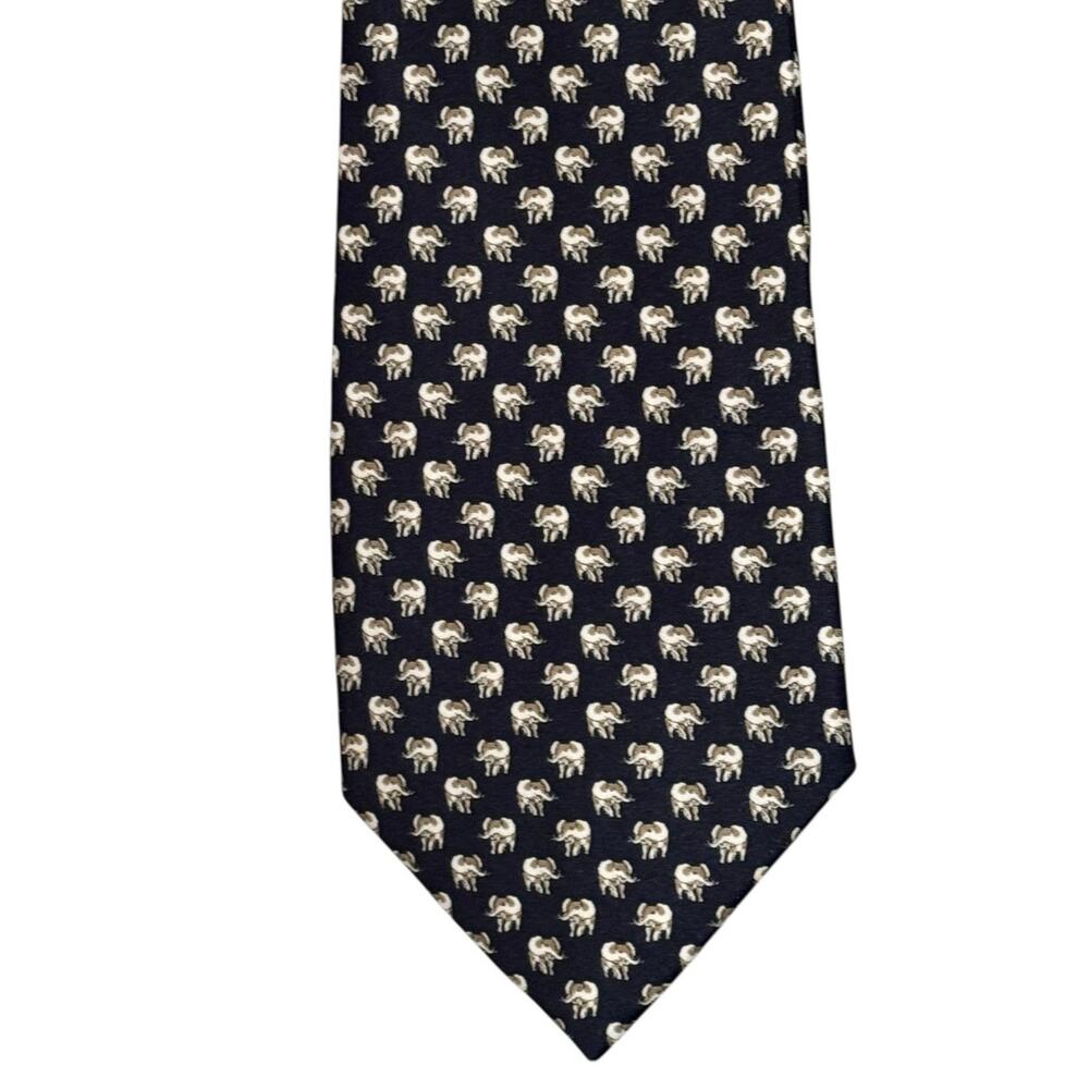 Thailand Men's Deep Navy Hand-Made 100% Silk‎ Tie Elephant Print Eclectic Preppy